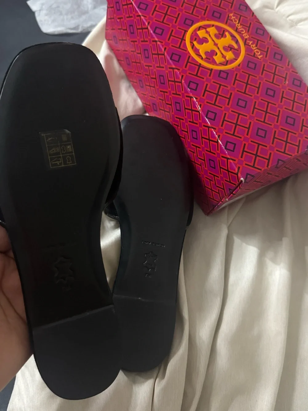 Tory Burch Black Velvet Slide Sandals with Logo Strap
